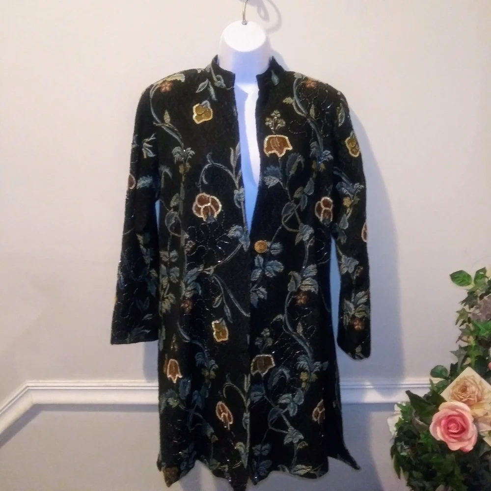 Indigo Moon Boho Beaded & Sequinned Black/Multi Long Floral Brocade Coat - Picture 1 of 12
